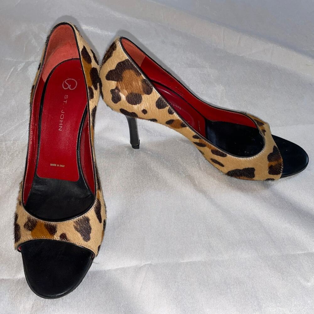 St. John Leopard Print Open Toe Heels - Size 39 - Leather & Calf Hair